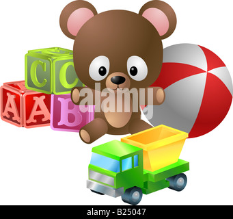 Toys illustration. An illustration of classic children’s toys; bear, alphabet blocks, ball and toy dumper truck Stock Photo