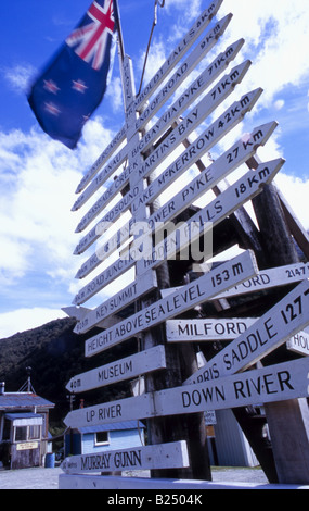 Signage to various locations around Fiordland, Gun's Camp, Hollyford, New Zealand Stock Photo