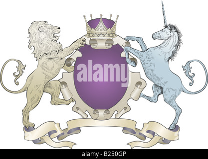 Lion and Unicorn Coat of Arms (no leaves) A shield coat of arms element featuring a lion, unicorn and crown Stock Photo