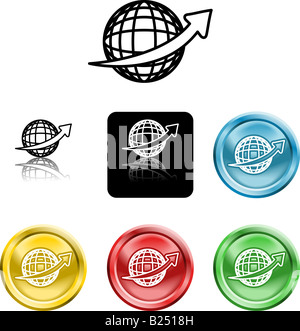 An icon symbol of a stylised wire frame globe with arrow swooshing round it Stock Photo