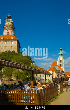 Al Fresco dining along River Vltava in Cesky Krumlov Czech Republic Europe Stock Photo