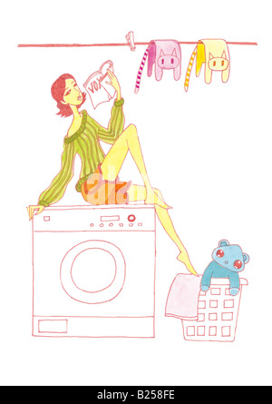 Young woman sitting on the washing machine Stock Photo