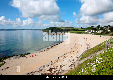 Still sea and white clouds at Gyllyngvase beach in Falmouth, Cornwall UK. Stock Photo