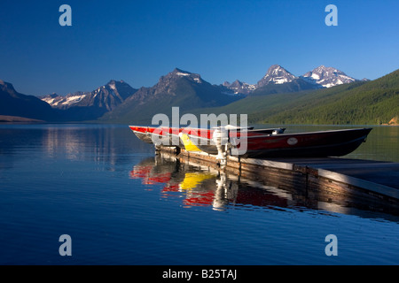 Rental Boats on a Dock at Lake McDonald Stock Photo
