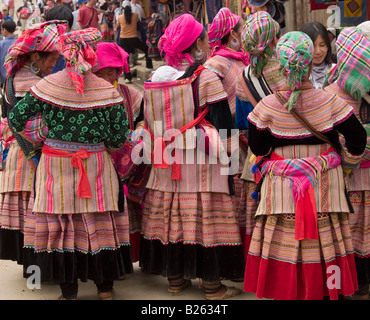 colorful Flower Hmong women in the market at Bac Ha Vietnam Stock Photo