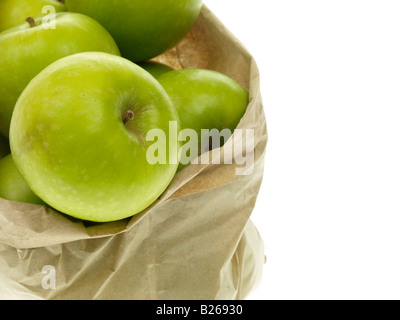 Brown Paper Bag, No Plastic, Of Ripe Healthy Granny Smith Apples With Copy Space A Clipping Path And No People Against A White Background Stock Photo