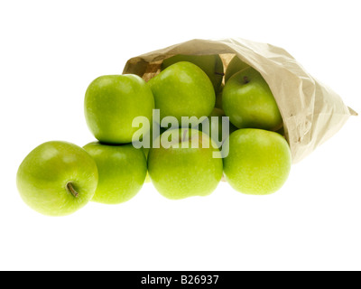Brown Paper Bag, No Plastic, Of Ripe Healthy Granny Smith Apples With Copy Space A Clipping Path And No People Against A White Background Stock Photo