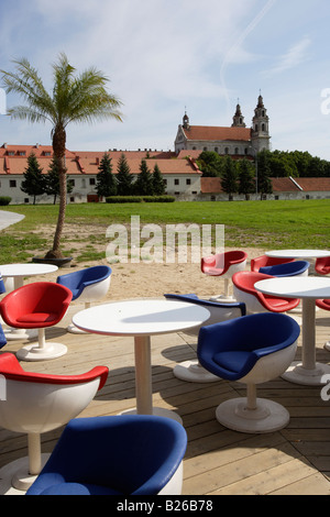 Pool bar on the river Neris, in the back the church of St. Raphael, Lithuania, Vilnius Stock Photo