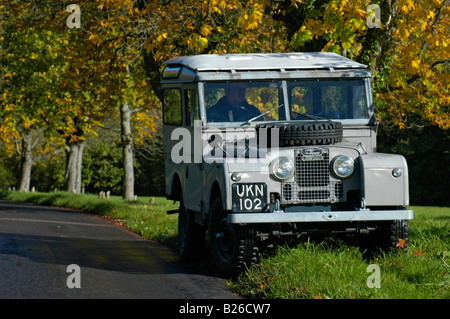 Grey 1950's Land Rover Series One 86 inch Station Wagon on country road in southern England. Stock Photo