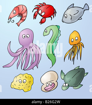 Cartoon illustrations of sea creatures shrimp crab fish octopus eel jellyfish sponge clam turtle Stock Photo