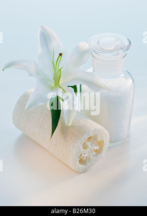 Flower and loofah next to bath salts Stock Photo