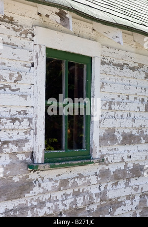 Old outside wall with green window. Stock Photo