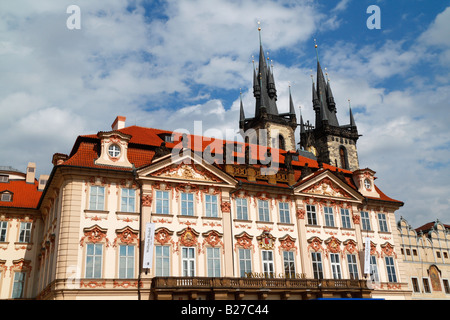 The façade of the Baroque style Kinsky palace with Rococo elements with statues and regal decorations Stock Photo