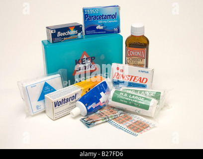 various medical objects for cures and first aid on white table. Top ...