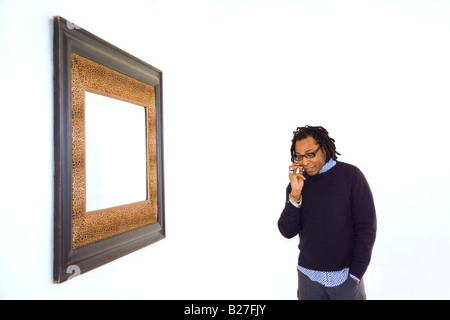 black man talking on cell phone horizontal Stock Photo
