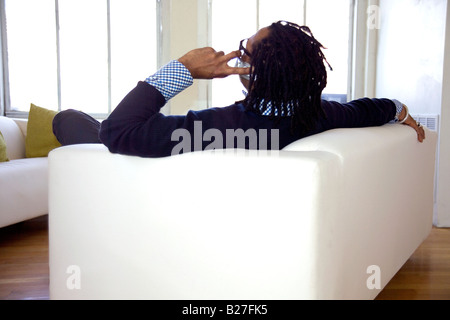 black man talking on cell phone horizontal Stock Photo