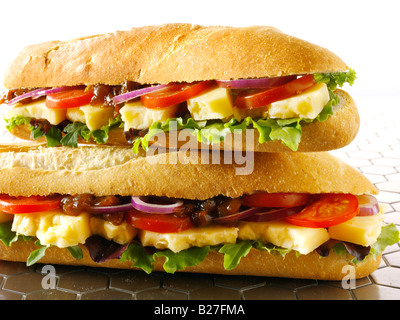 close up of cheese salad pickle baguette in french bread stick Stock Photo