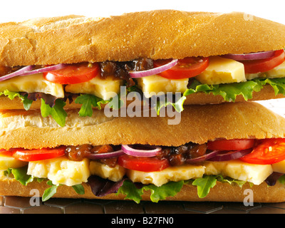 close up of cheese salad pickle baguette in french bread stick Stock Photo