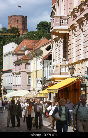 LTU Lithuania Capital Vilnius Oldtown Pilies street with restaurants Gediminas tower Stock Photo