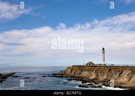 Point Arena lighthouse sits on cliffs along the Pacific coast in southern Mendocino County, California, USA. Stock Photo