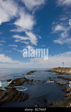 Point Arena lighthouse sits on cliffs along the Pacific coast in southern Mendocino County, California, USA. Stock Photo