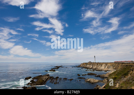 Point Arena lighthouse sits on cliffs along the Pacific coast in southern Mendocino County, California, USA. Stock Photo