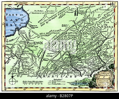 Map of the Province of Pennsilvania 1756. Hand-colored woodcut Stock Photo