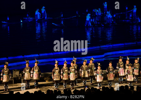 Members of the Impression Sanjie Liu performing a light and sound show directed by Zhang Yimou Yangshuo China Stock Photo