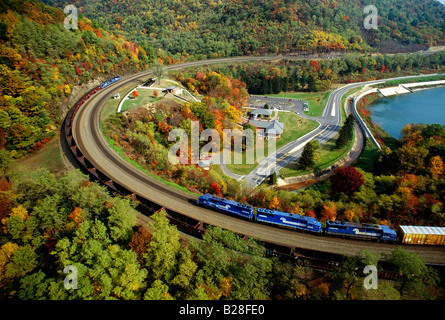 Aerial view of the Horseshoe Curve with colorful autumn foliage Stock Photo