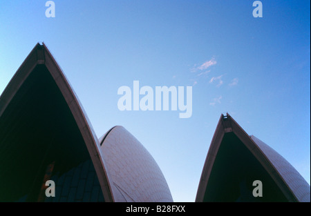 Sydney Opera House showing unusual roof aspect against a blue evening sky Stock Photo