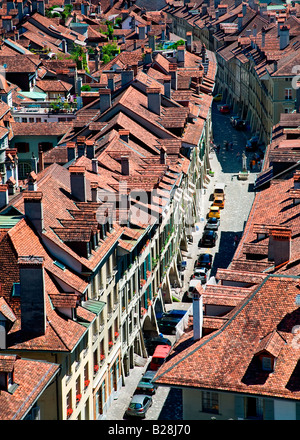 City of Berne's rooftops viewed from the bell tower in the Berne cathedral Switzerland Stock Photo