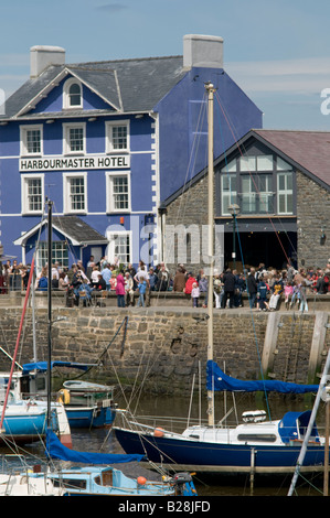 The Harbourmaster Hotel on the harbour quay, during the Cardigan Bay seafood festival Aberaeron Wales UK, summer 2008 Stock Photo