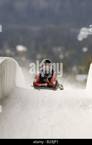 Skeleton racing at the Whistler Sleding Centre British Columbia Canada Stock Photo