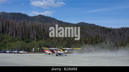 Small airplane taxiing on the dirt strip of Chitina, Alaska. Stock Photo