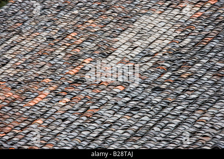 Roof tiles in Ping An Longsheng traditional mountain village near Guilin China Stock Photo