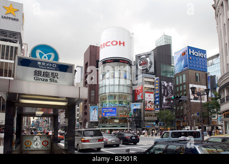 Most famous high end commercial shopping district in Japan is Ginza and this intersection of Chuo-dori and Harumi-dori streets Stock Photo