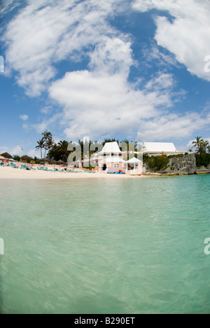 A view of The Fairmont Southampton s private beach and restaurant the Ocean Club from the water in Bermuda Stock Photo