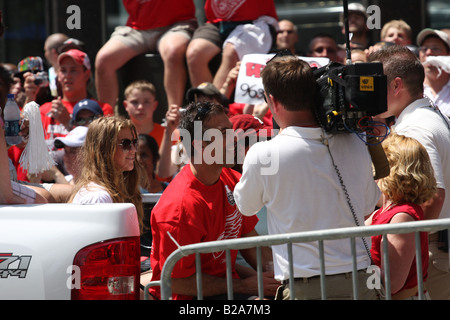 Chris Chelios laughing during an interview with reporters during the 2008 Stanley Cup Victory Parade for the Detroit Red Wings. Stock Photo