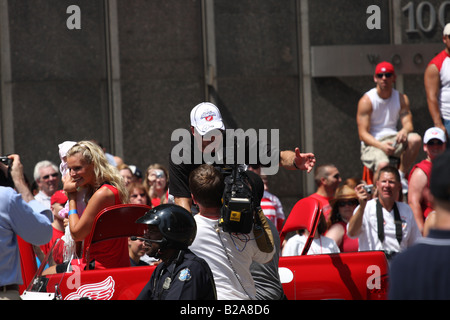 Andreas Lilja speaking to reporters during the 2008 Stanley Cup Victory Parade for the Detroit Red Wings. Stock Photo