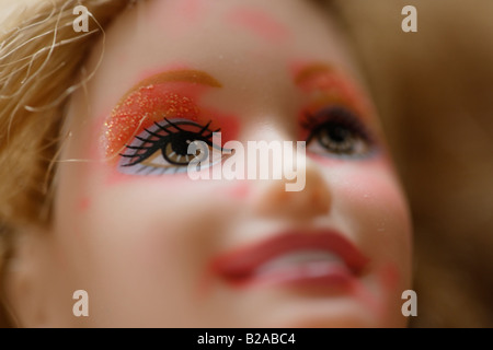 Barbie doll close up with extra makeup added by child Stock Photo