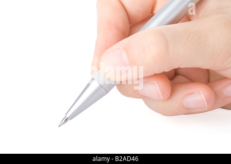 Hand writting with a pen in a white background Stock Photo