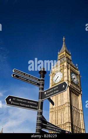 The clock tower of the Houses of Parliament, better known as Big Ben, and a tourist signpost London England Stock Photo