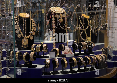 Display of gold jewellery in shop in the Gold souq of Mutrah old Muscat Oman Stock Photo
