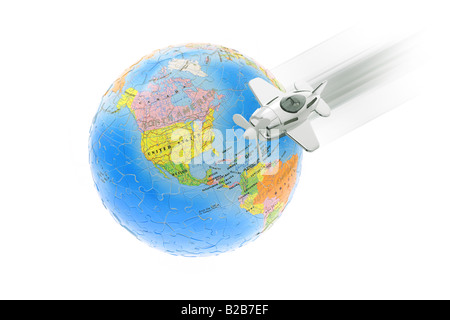 Flying aircraft and jigsaw puzzle globe on white background Stock Photo