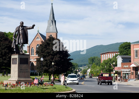 Adams Massachusetts has a picturesque main street with a large statue of President McKinley on the rotary and Florida Mountain. Stock Photo