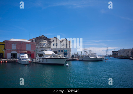 Boats moored in downtown Bridgetown, Barbados Stock Photo