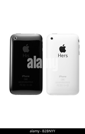 A knockout product photo of the new black and white Apple 3G iPhone with His and Hers text on the back of each phone Stock Photo