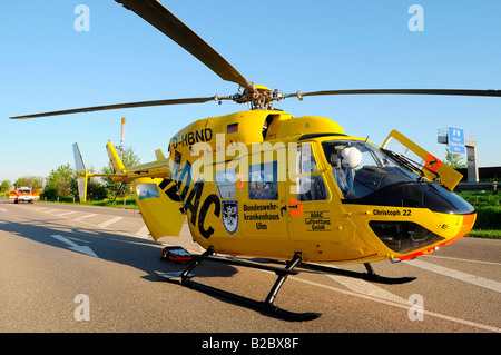 Christoph 22, ADAC rescue helicopter from the Federal Armed Forces Hospital Ulm, one person dies in a traffic accident after a  Stock Photo