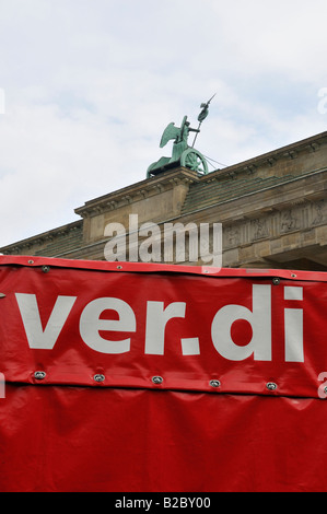 Verdi banner in front of the Brandenburger Tor, Berlin, Germany, Europe Stock Photo