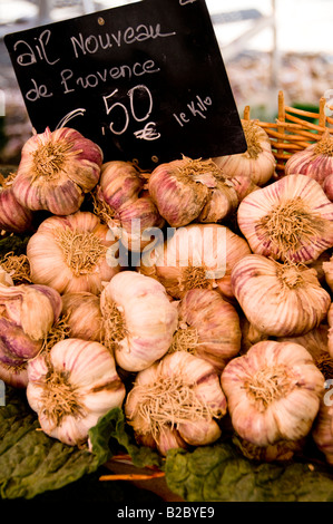 The display of new garlic, ail nouveau, Cours Saleya Market, Old Town of Nice, South France Stock Photo